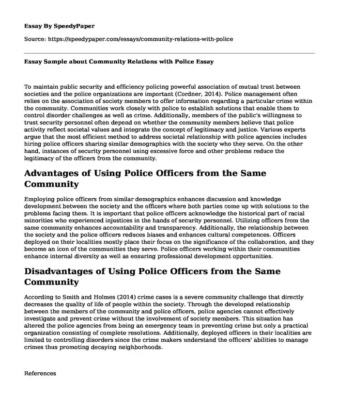 Essay Sample about Community Relations with Police