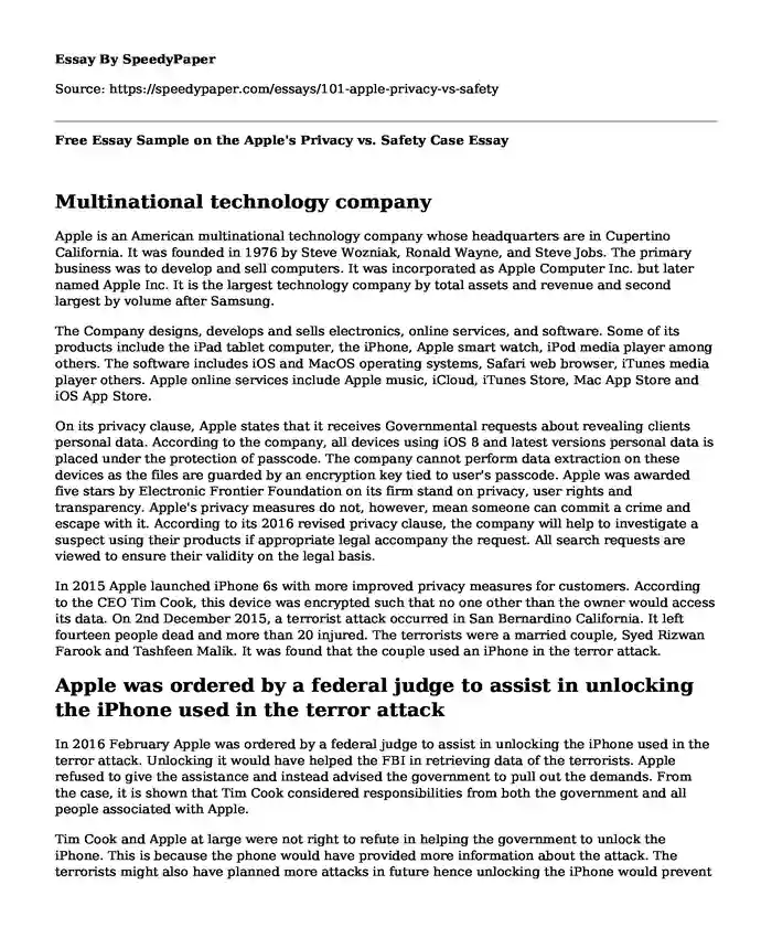 Free Essay Sample on the Apple's Privacy vs. Safety Case
