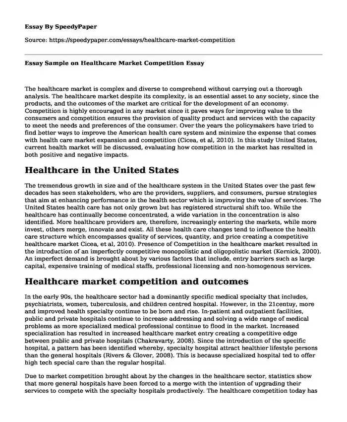 Essay Sample on Healthcare Market Competition