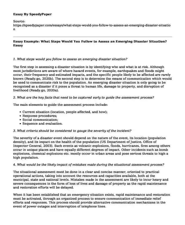 Essay Example: What Steps Would You Follow to Assess an Emerging Disaster Situation?