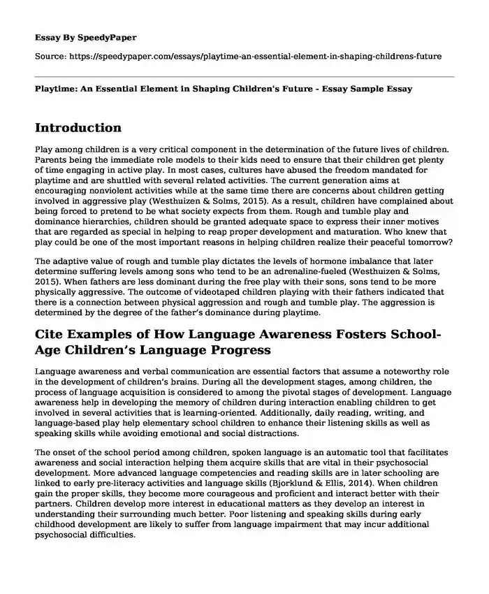 Playtime: An Essential Element in Shaping Children's Future - Essay Sample