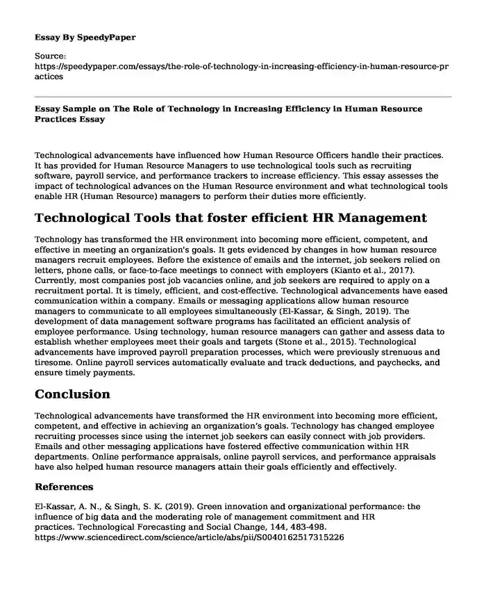  Essay Sample on The Role of Technology in Increasing Efficiency in Human Resource Practices