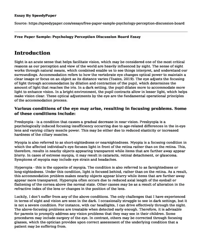 Free Paper Sample: Psychology Perception Discussion Board