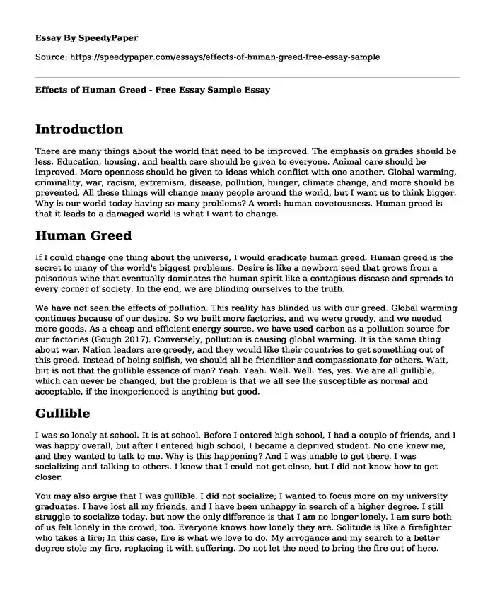 Effects of Human Greed - Free Essay Sample