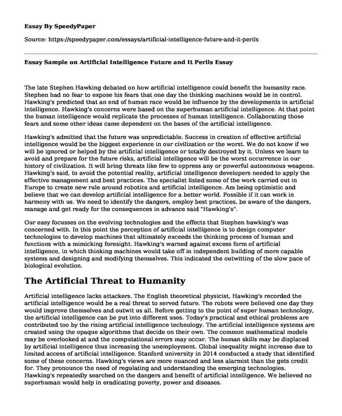 Essay Sample on Artificial Intelligence Future and It Perils