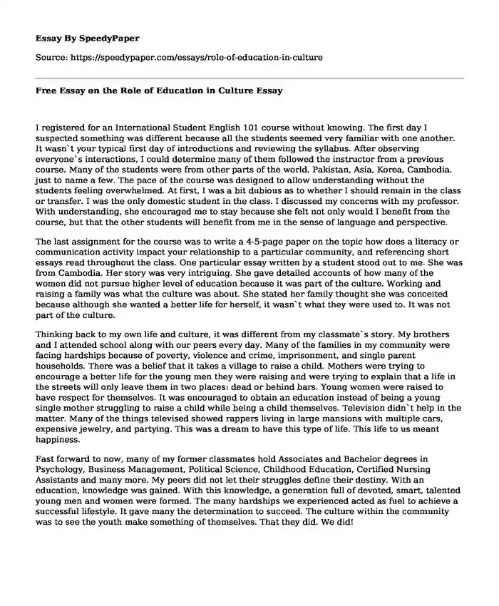 Free Essay on the Role of Education in Culture
