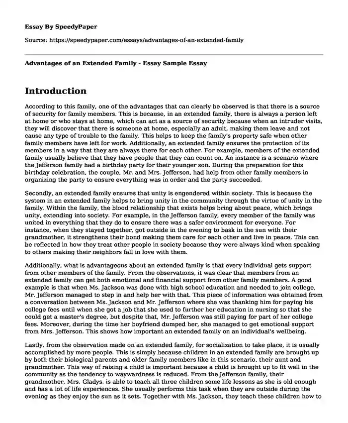 Advantages of an Extended Family - Essay Sample