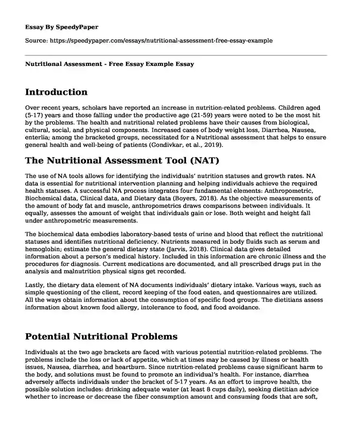 Nutritional Assessment - Free Essay Example