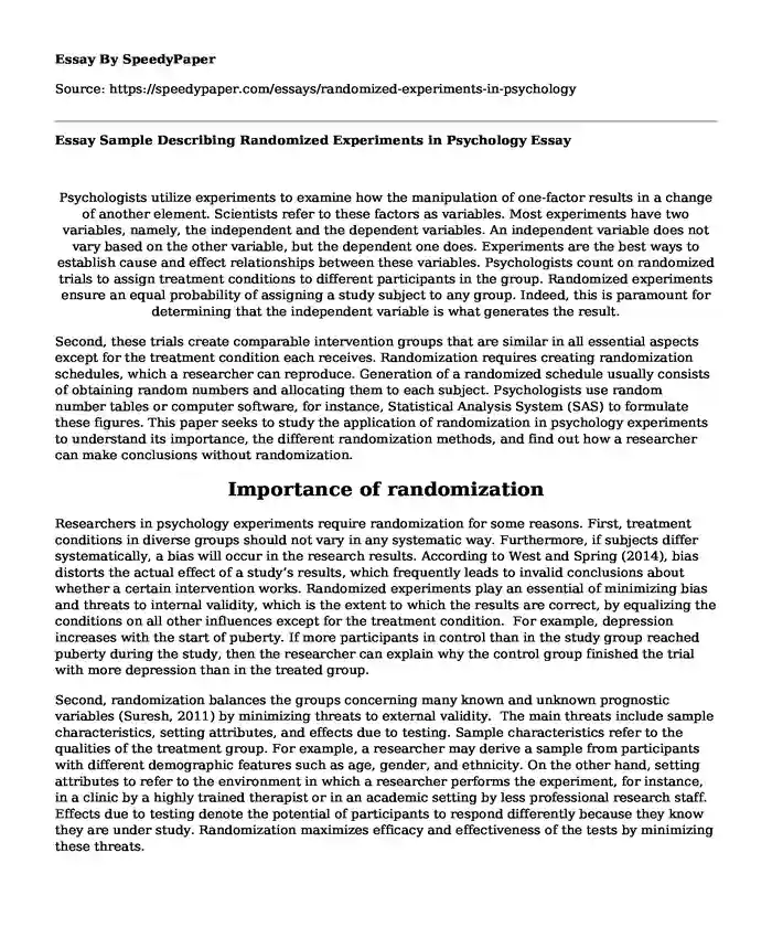 Essay Sample Describing Randomized Experiments in Psychology