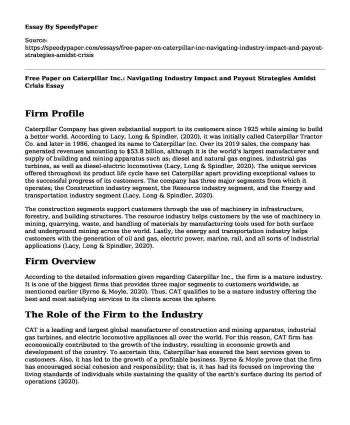 Free Paper on Caterpillar Inc.: Navigating Industry Impact and Payout Strategies Amidst Crisis