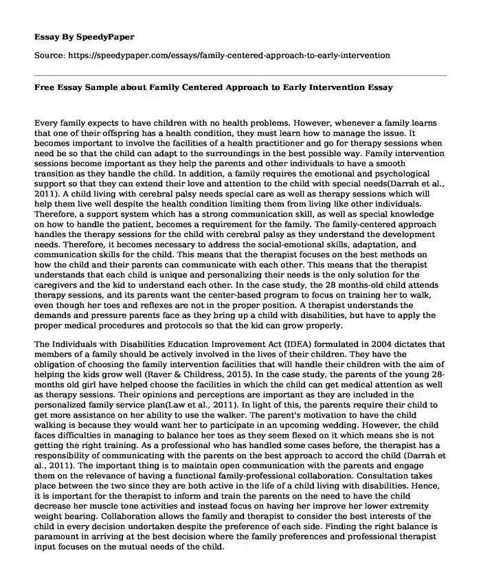 Free Essay Sample about Family Centered Approach to Early Intervention