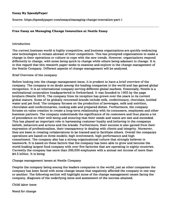Free Essay on Managing Change Innovation at Nestle