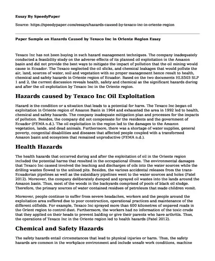Paper Sample on Hazards Caused by Texaco Inc in Oriente Region