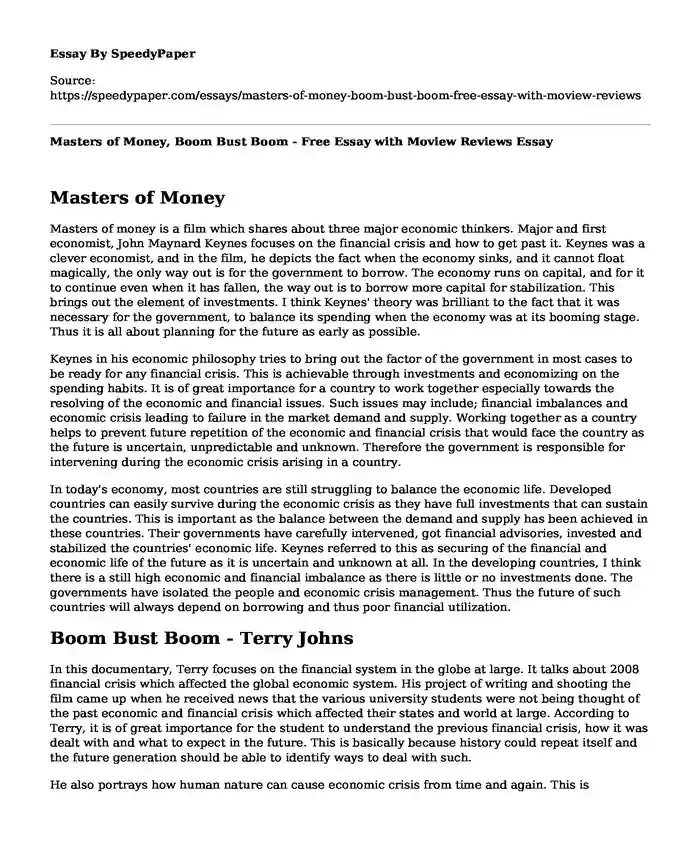 Masters of Money, Boom Bust Boom - Free Essay with Moview Reviews