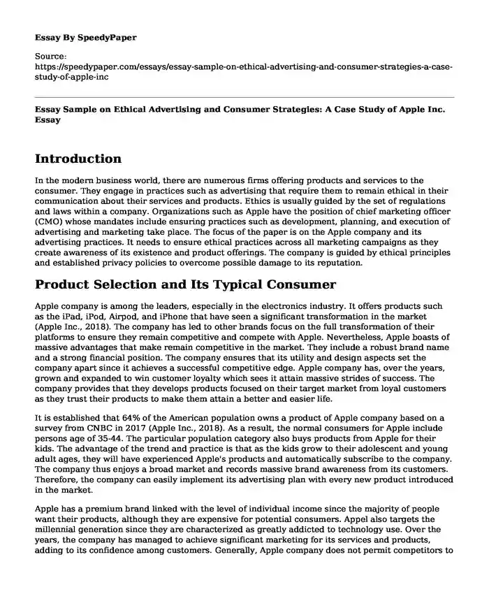 Essay Sample on Ethical Advertising and Consumer Strategies: A Case Study of Apple Inc.