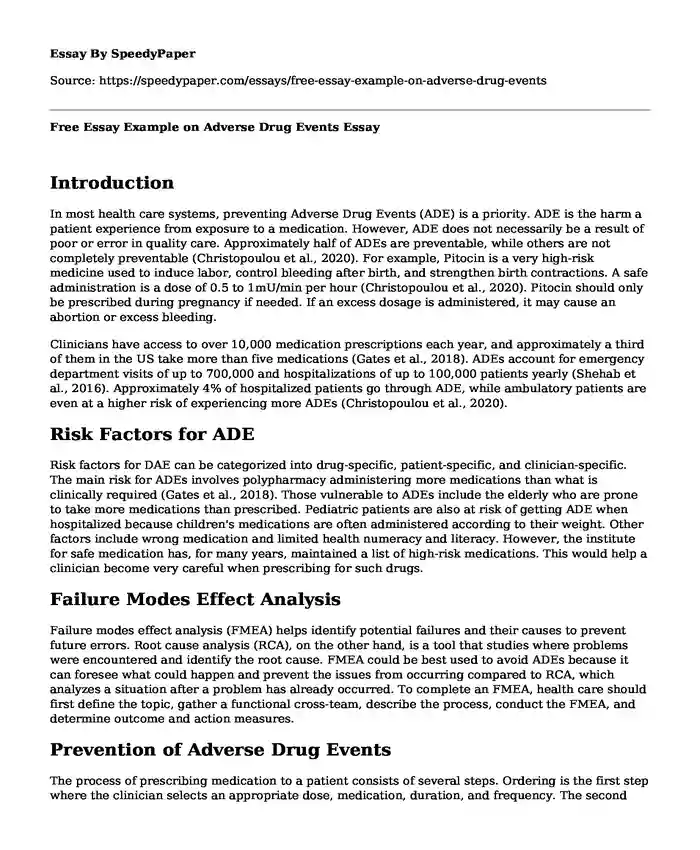 Free Essay Example on Adverse Drug Events