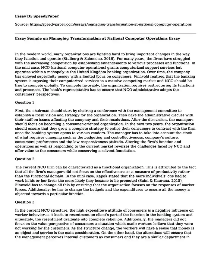 Essay Sample on Managing Transformation at National Computer Operations