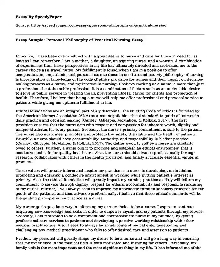 Essay Sample: Personal Philosophy of Practical Nursing