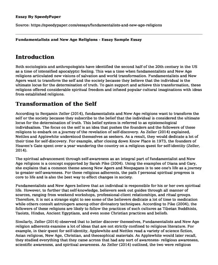 Fundamentalists and New Age Religions - Essay Sample