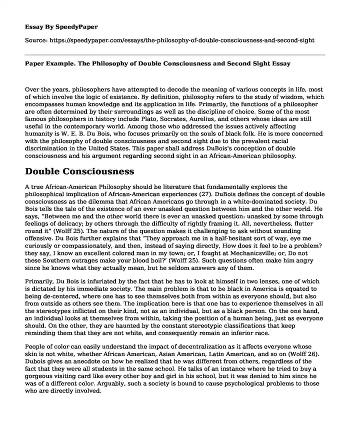 Paper Example. The Philosophy of Double Consciousness and Second Sight