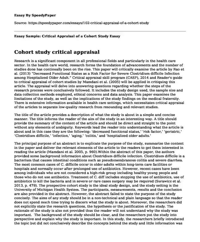 Essay Sample: Critical Appraisal of a Cohort Study