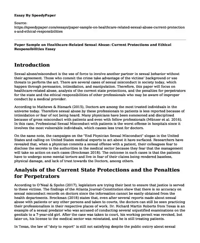 Paper Sample on Healthcare-Related Sexual Abuse: Current Protections and Ethical Responsibilities