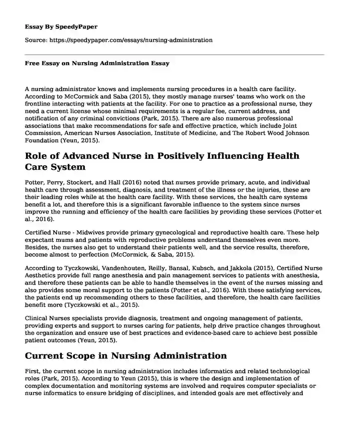 Free Essay on Nursing Administration