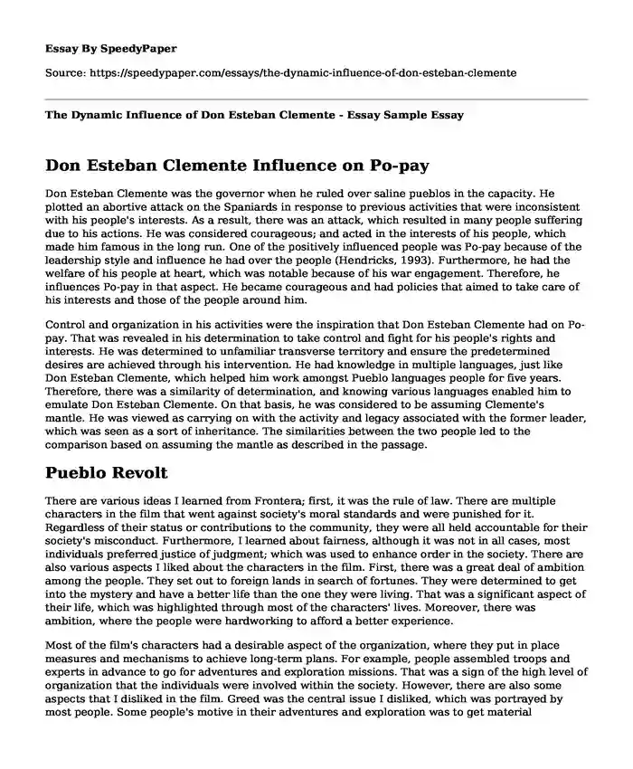 The Dynamic Influence of Don Esteban Clemente - Essay Sample