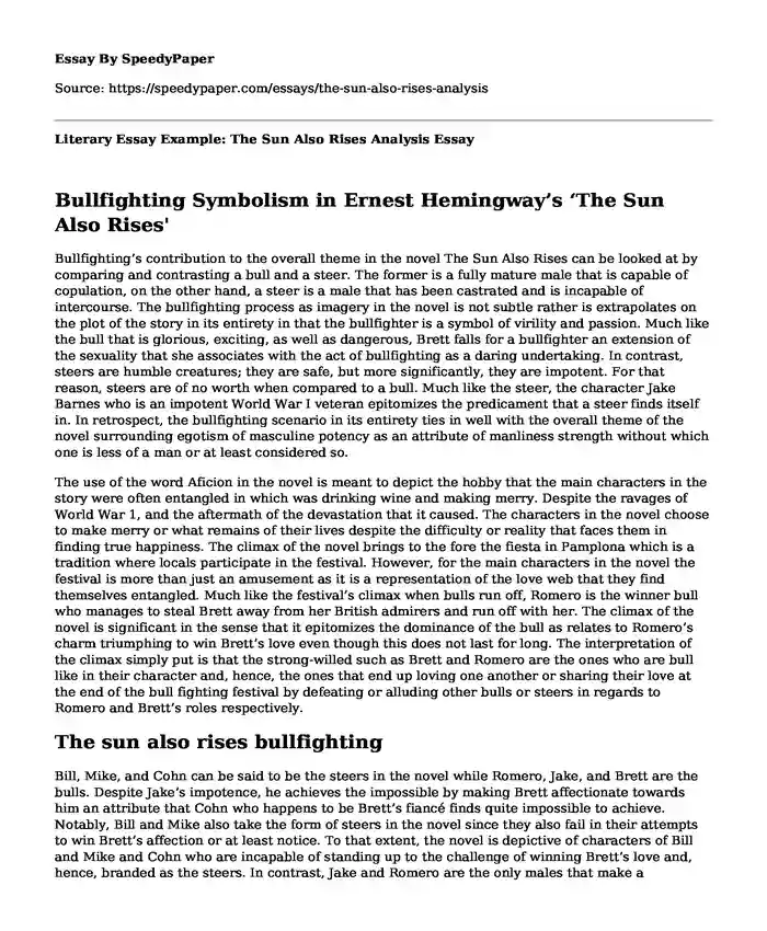 Literary Essay Example: The Sun Also Rises Analysis