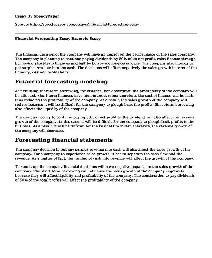 Financial Forecasting Essay Example