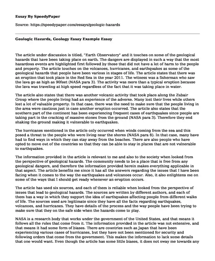 Geologic Hazards, Geology Essay Example