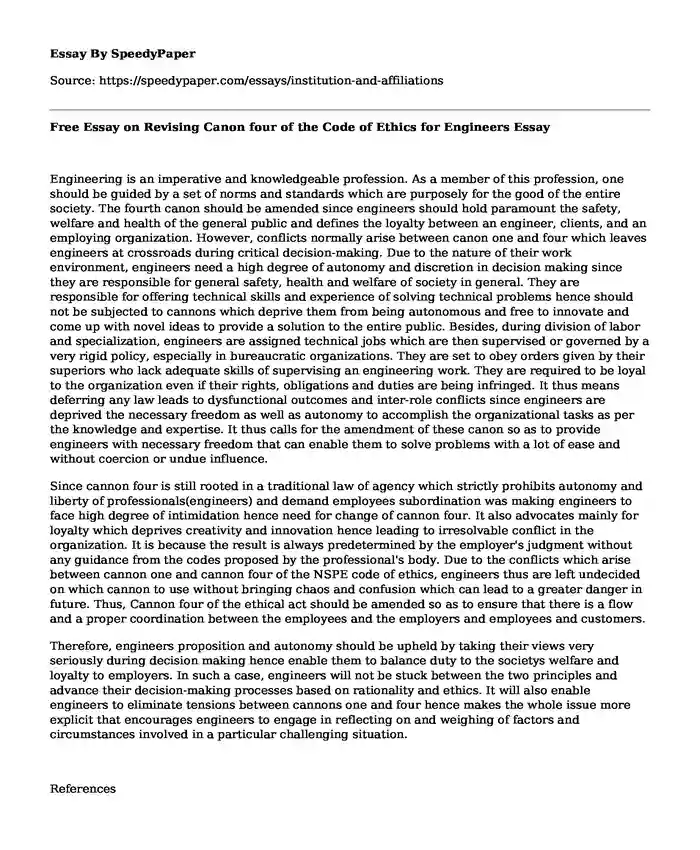 Free Essay on Revising Canon four of the Code of Ethics for Engineers