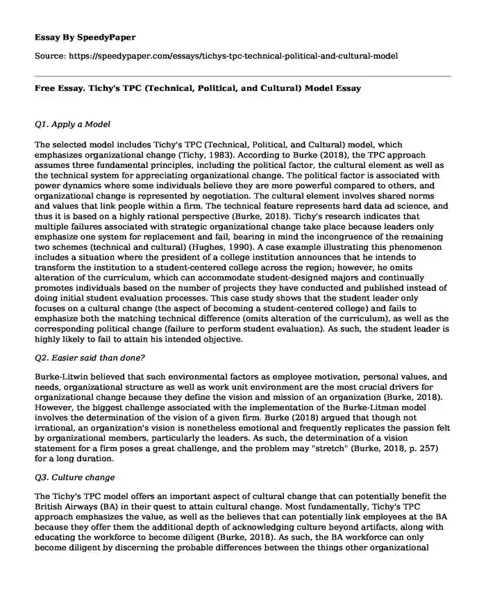 Free Essay. Tichy's TPC (Technical, Political, and Cultural) Model