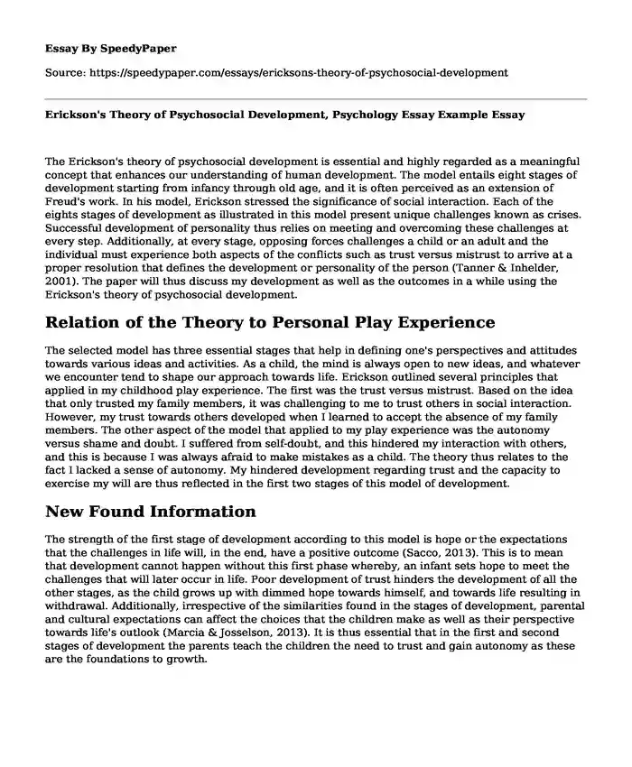 Erickson's Theory of Psychosocial Development, Psychology Essay Example