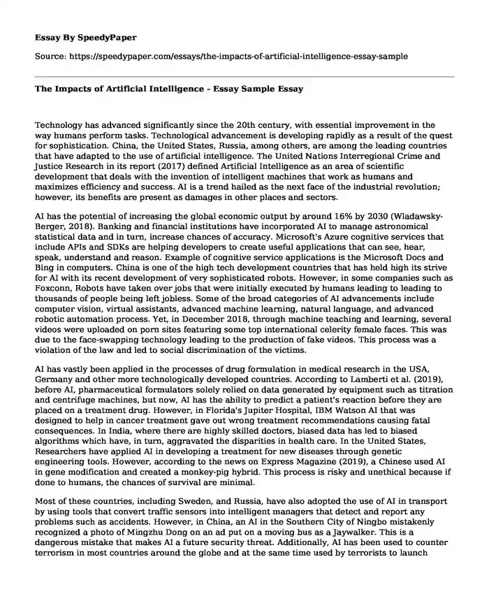 📗 The Impacts of Artificial Intelligence - Essay Sample