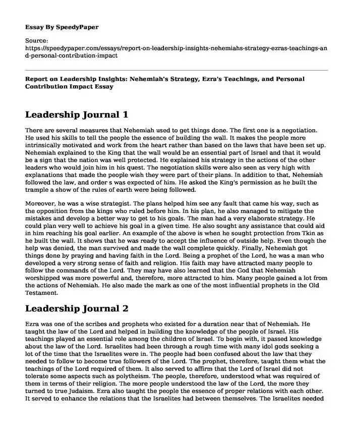 Report on Leadership Insights: Nehemiah's Strategy, Ezra's Teachings, and Personal Contribution Impact