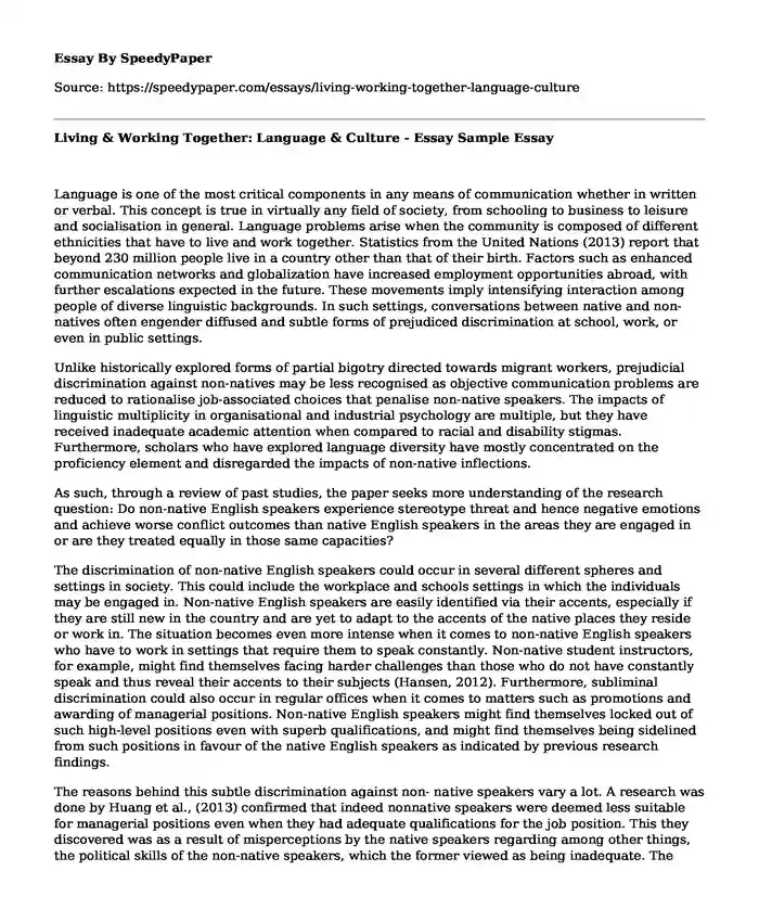 Living & Working Together: Language & Culture - Essay Sample