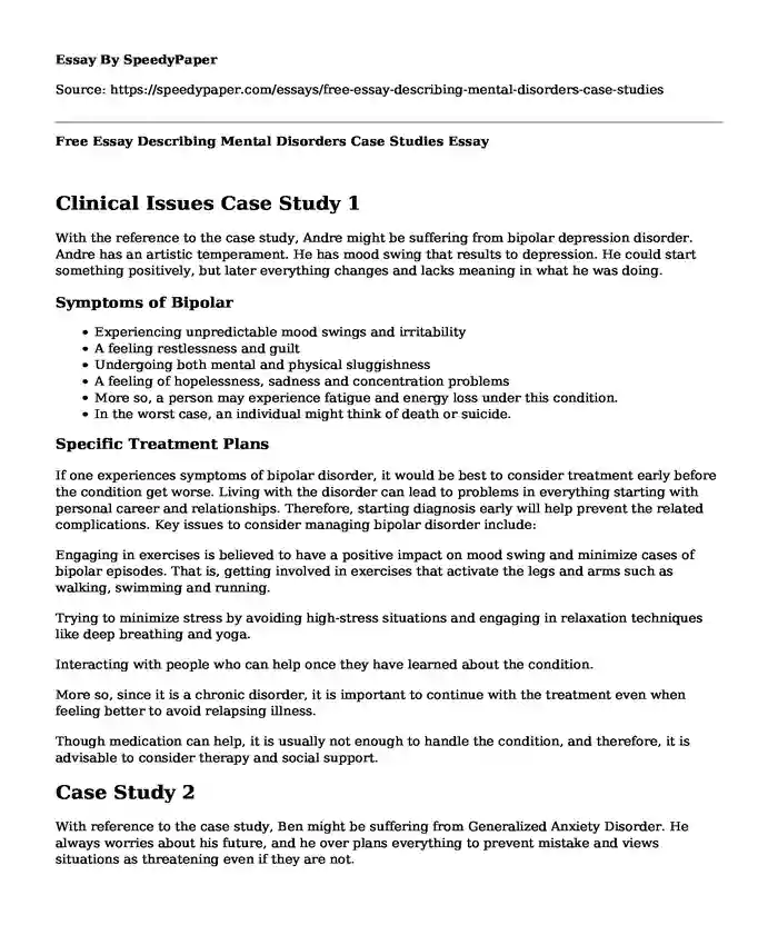 Free Essay Describing Mental Disorders Case Studies