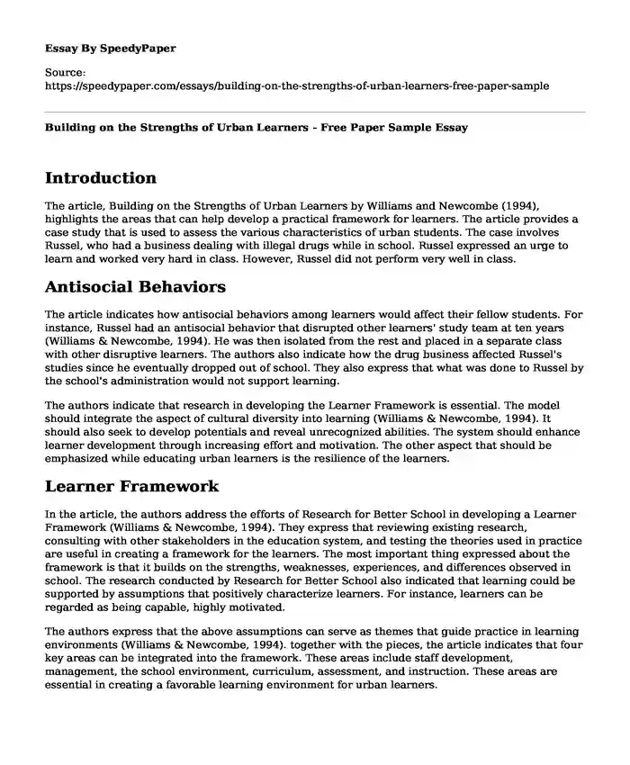 Building on the Strengths of Urban Learners - Free Paper Sample