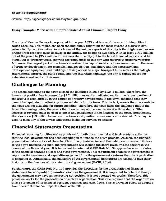Essay Example: Morrisville Comprehensive Annual Financial Report