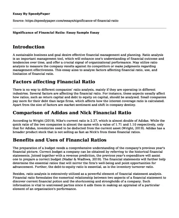 Significance of Financial Ratio: Essay Sample