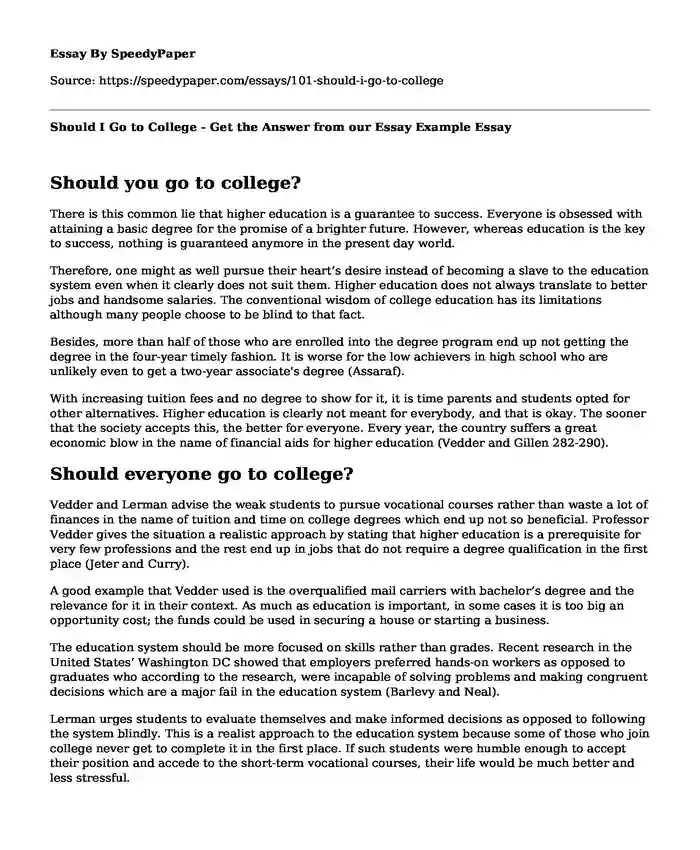 Should I Go to College - Get the Answer from our Essay Example
