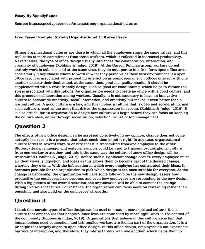 Free Essay Example. Strong Organizational Cultures