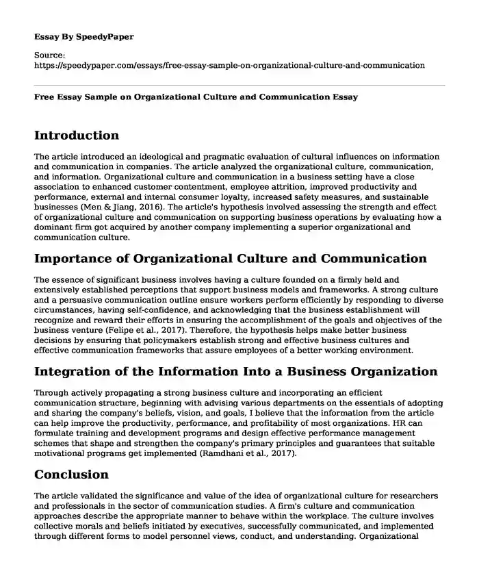 Free Essay Sample on Organizational Culture and Communication