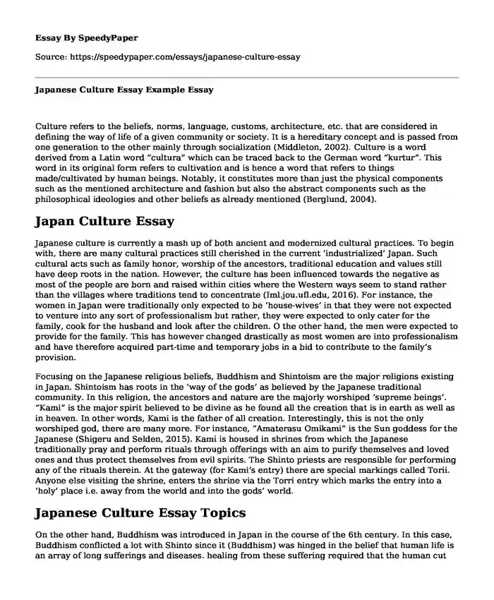 Japanese Culture Essay Example