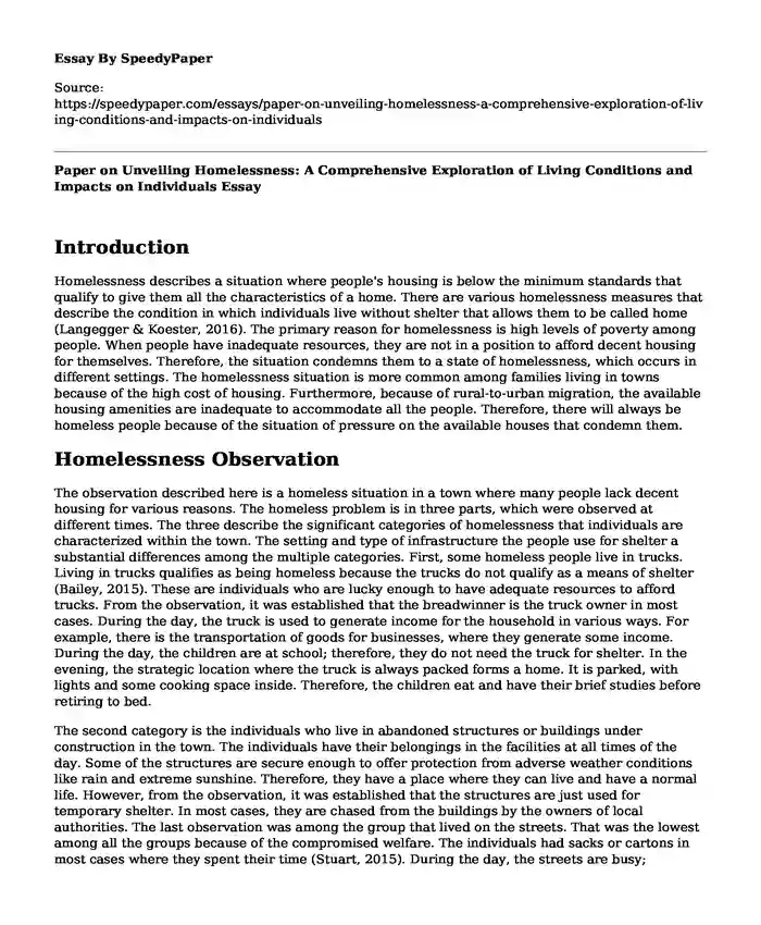 Paper on Unveiling Homelessness: A Comprehensive Exploration of Living Conditions and Impacts on Individuals