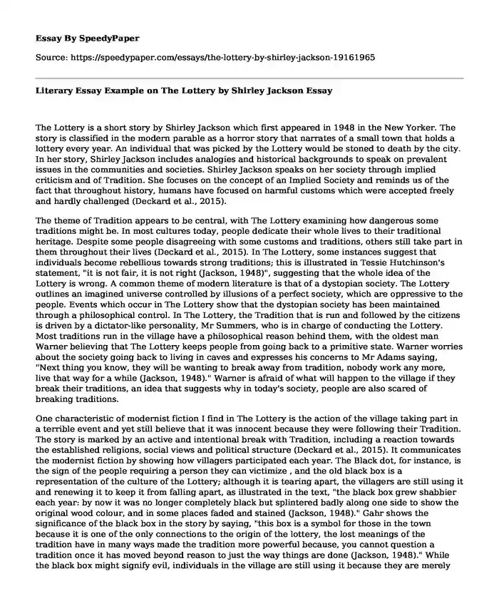 Literary Essay Example on The Lottery by Shirley Jackson