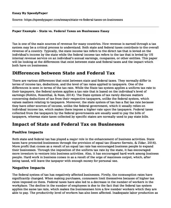 Paper Example - State vs. Federal Taxes on Businesses
