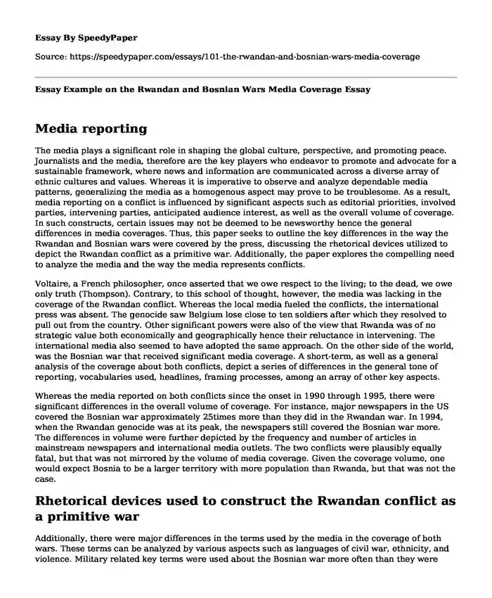 Essay Example on the Rwandan and Bosnian Wars Media Coverage