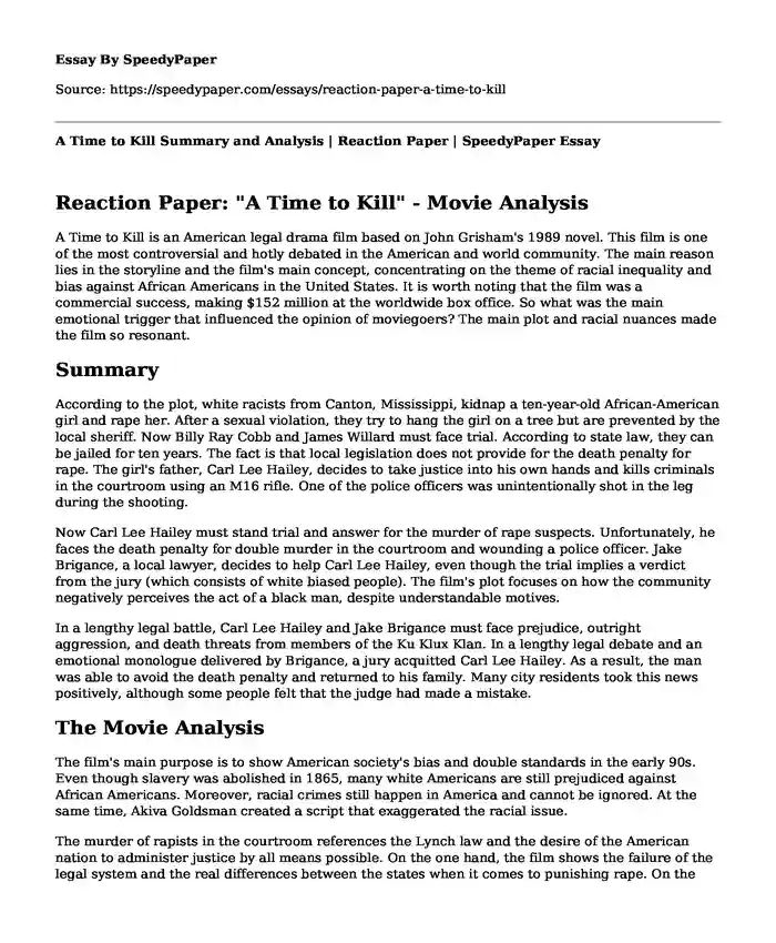 A Time to Kill Summary and Analysis | Reaction Paper | SpeedyPaper